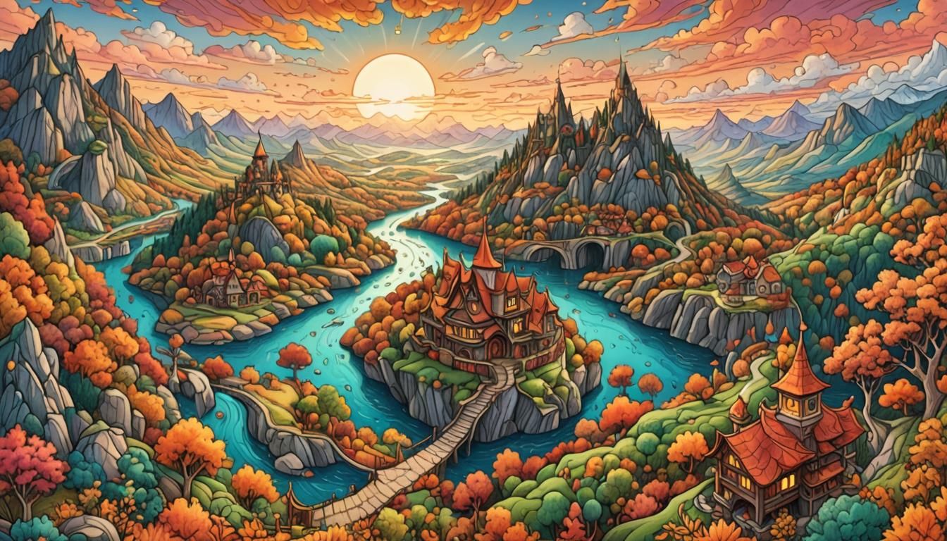 Whimsical Fantasy Valley with Floating Islands: Doodle Art