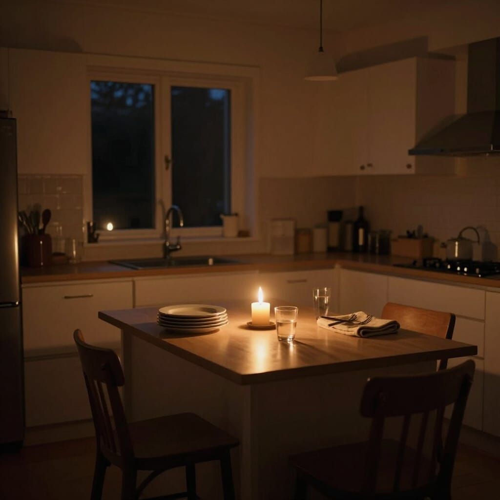 Candlelit Kitchen After Dinner, Cinematic Realism