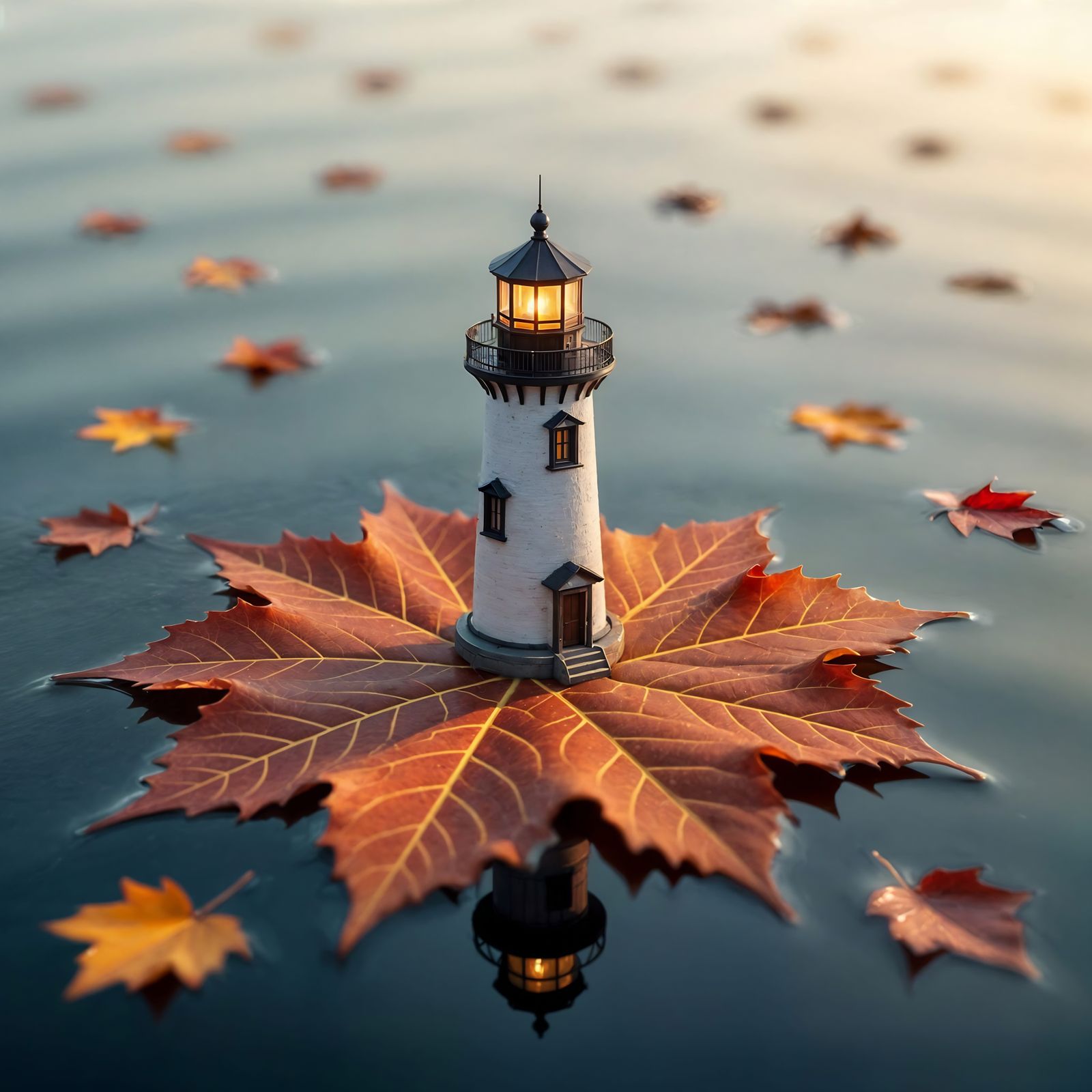 Miniature Lighthouse on Autumn Leaf in Calm Water