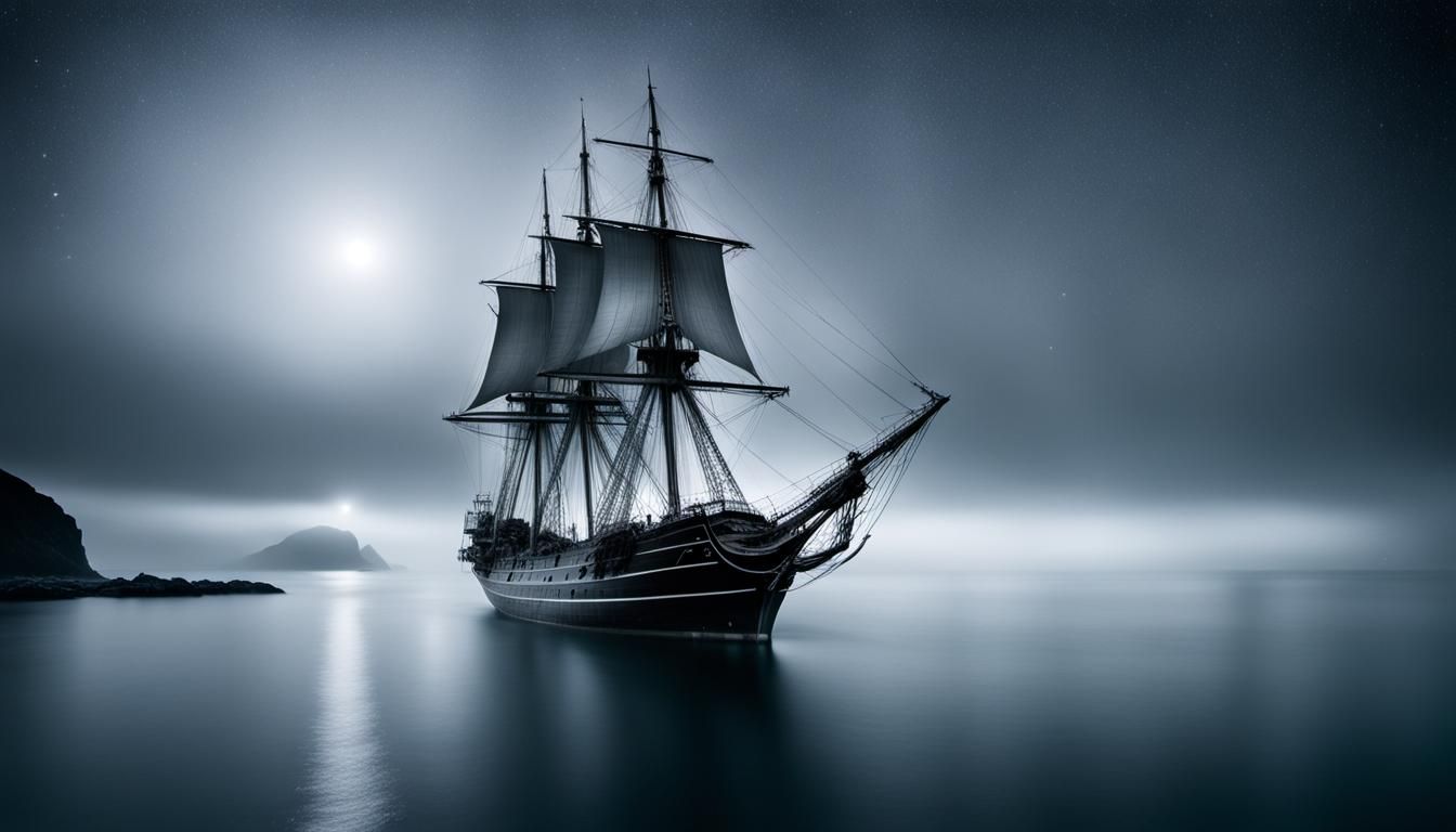 Ghost Ship Navigates Starry Ocean: Photorealistic Night Scen...