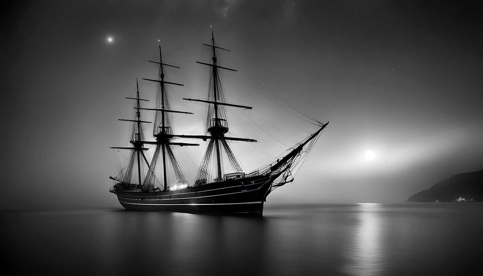 Haunted Sailing Ship Navigated by Stars: Photorealistic Nigh...