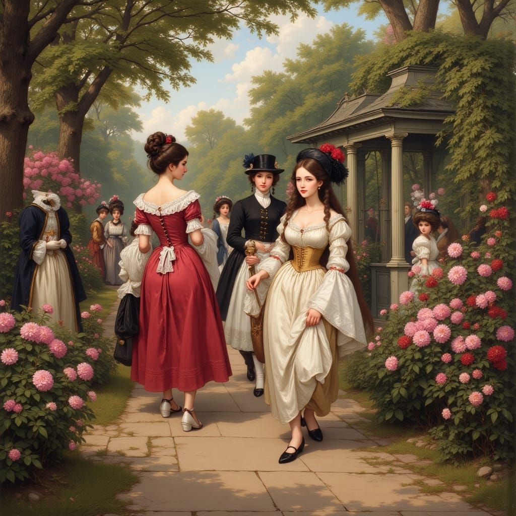 Elegant <lora:Soft Portrait flux:1.0> Rococo, Baroque  hi-jinks at a garden party <lora:Hiroya Oku style:1.0>