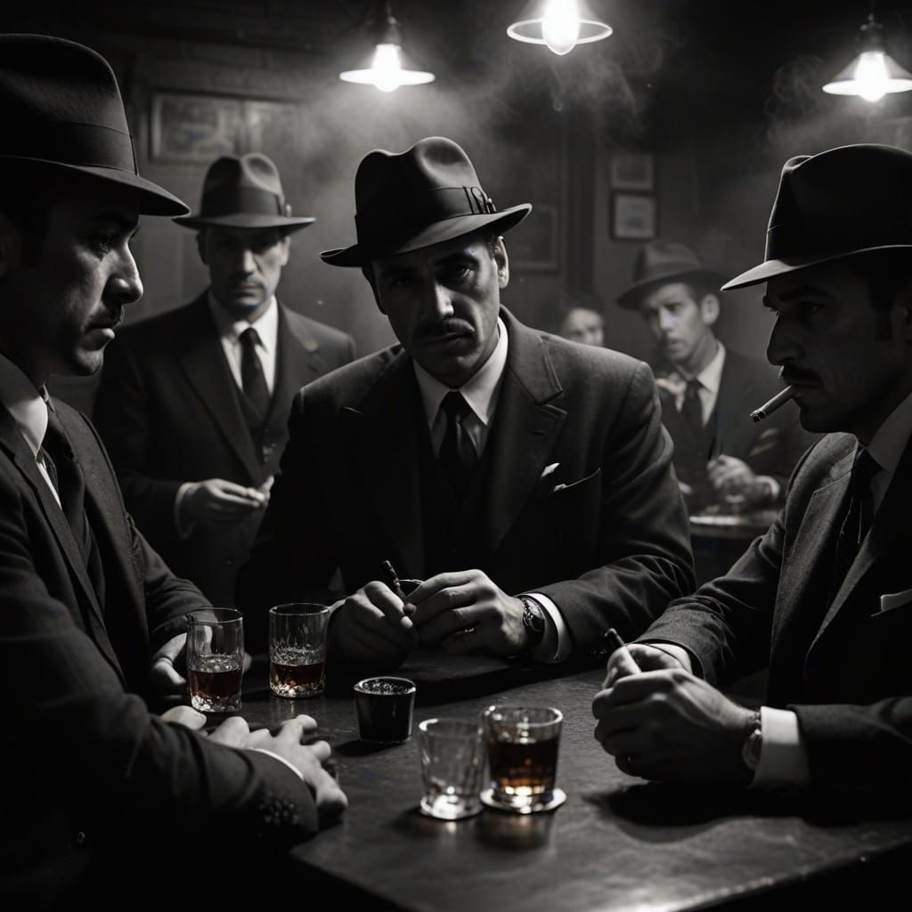 Gritty Film Noir Scene of Mafia Members in Smoky Atmosphere