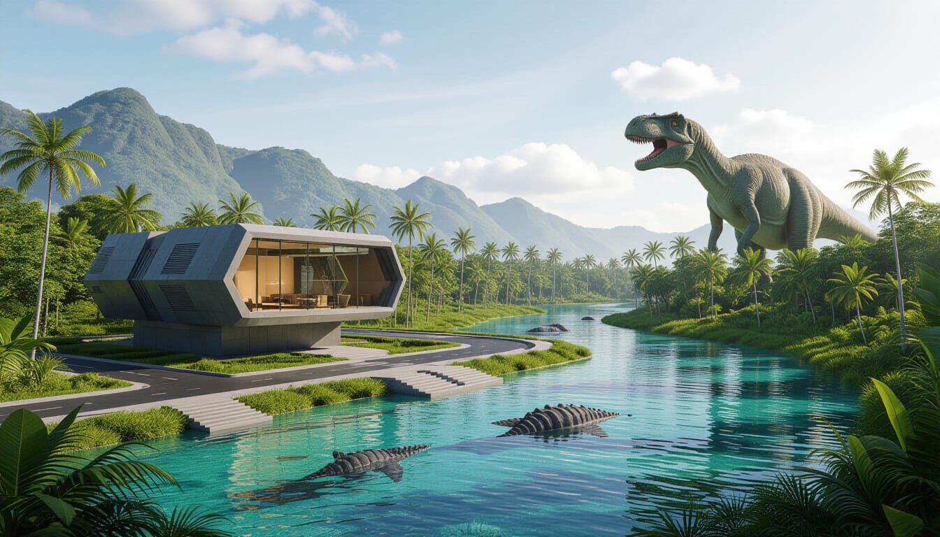 Futuristic Jungle Landscape with Prehistoric Creatures