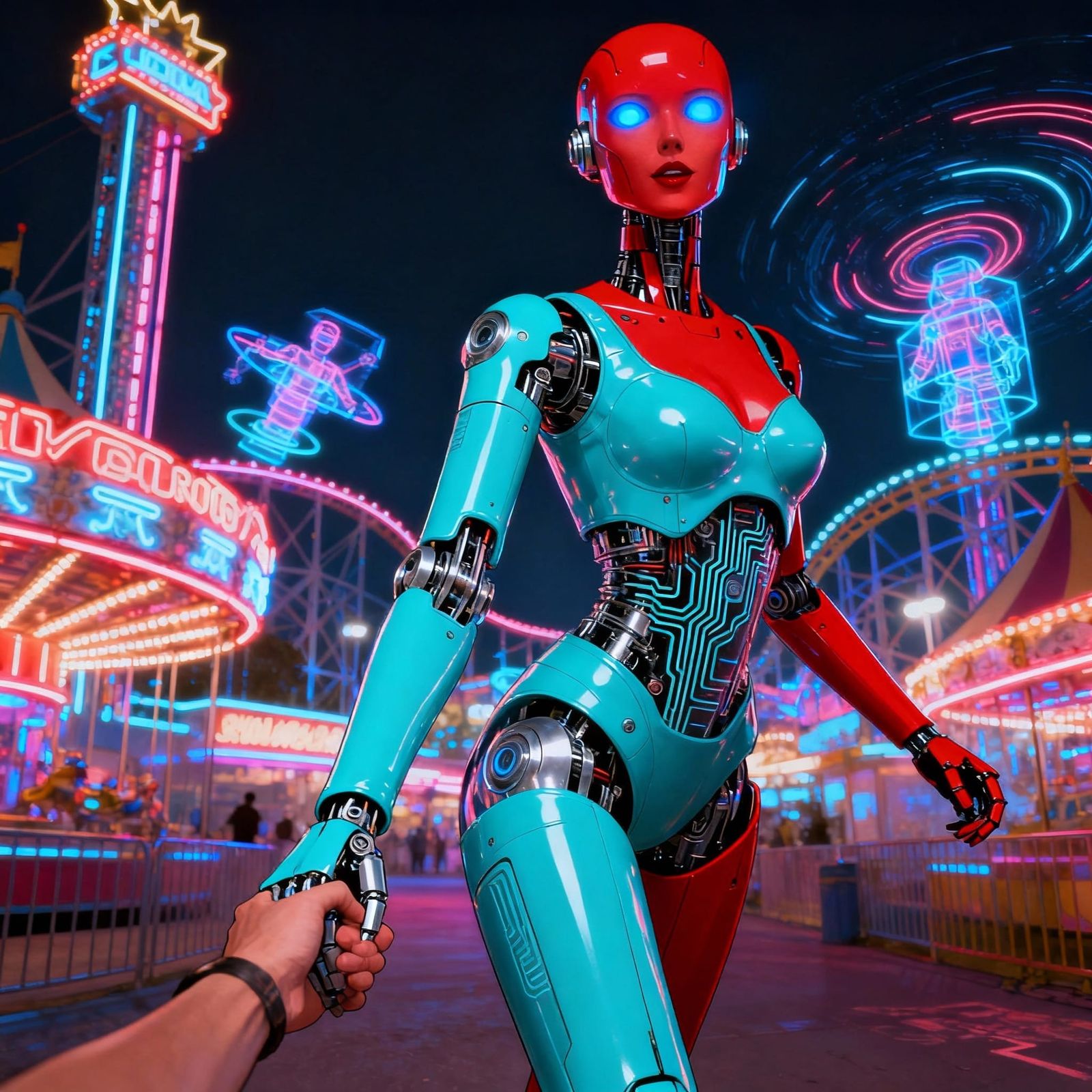 Red Robot Woman in Turquoise Latex Flirts in Amusement Park