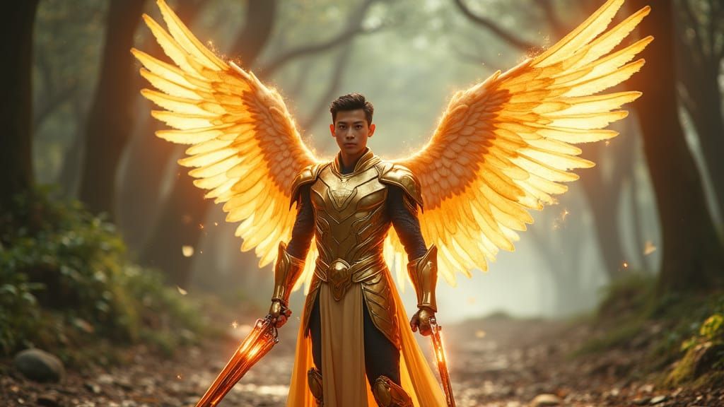 Asian Superhero with Golden Armor and Angelic Wings
