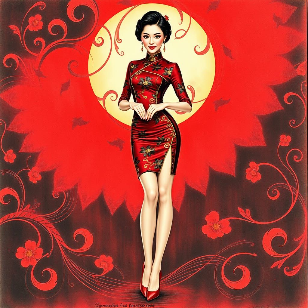 Glamorous Chinese Pin-Up in Red and Gold