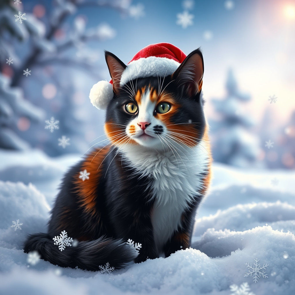 Calico Cat in Snow with Santa Hat