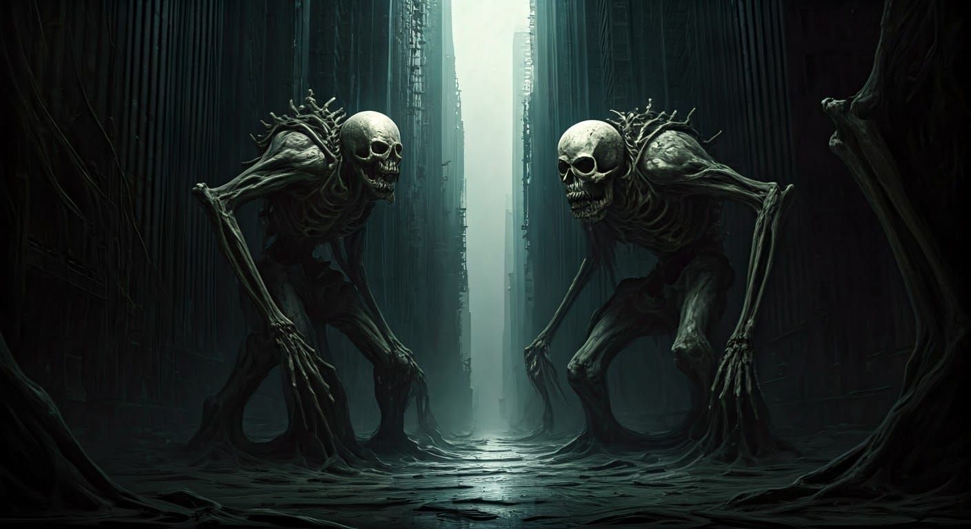 Grotesque Skeletons Emerge from the Ruins of a Haunted City