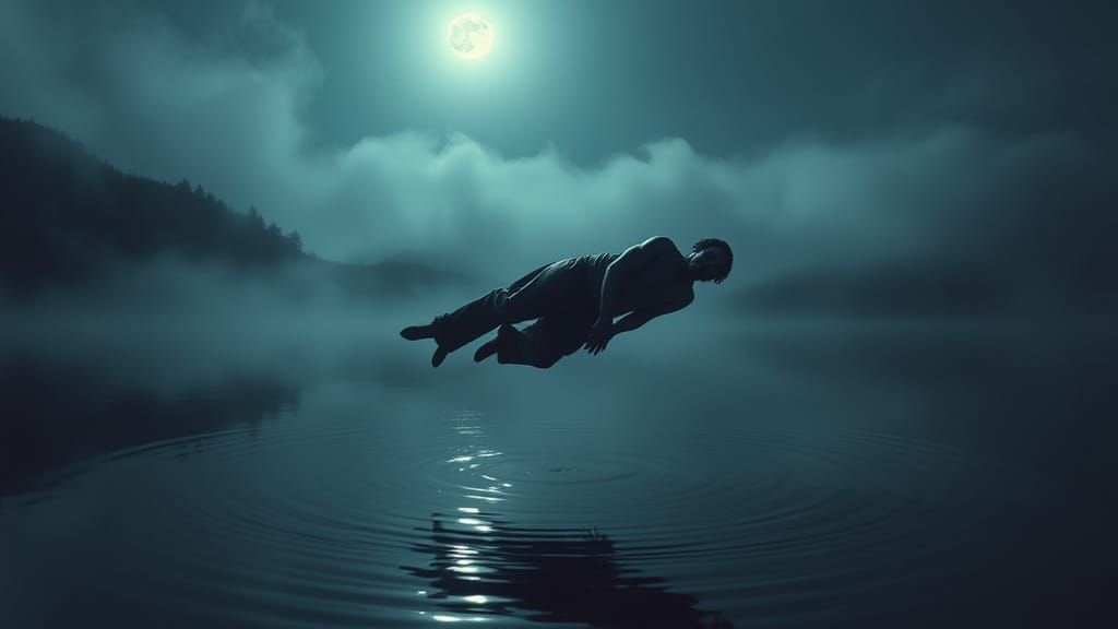 Supernatural Horror: Levitating Figure Over Moonlit Lake