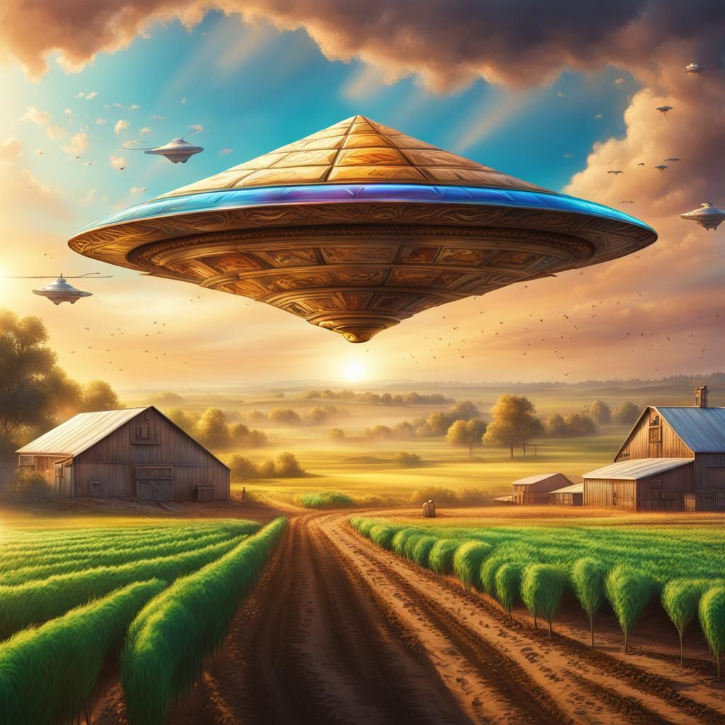 Pyramid UFO Flying Over Farm in Hyperrealistic Style