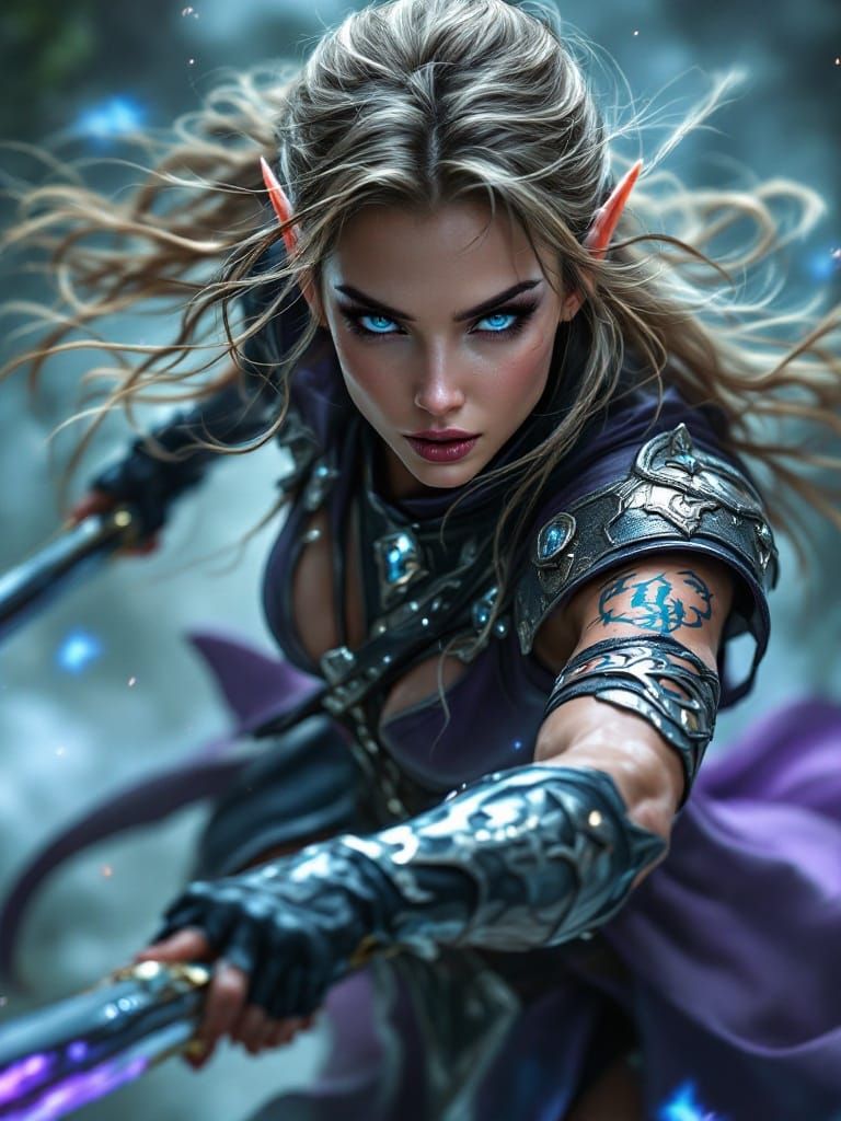 Ethereal Elf Warrior Leaps into Battle with Twin Daggers