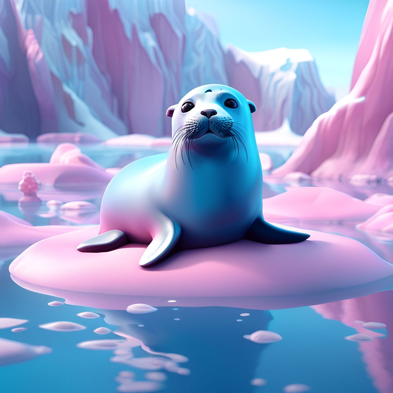 Cute Pink Seal on Blue Icecap in Detailed Matte Painting