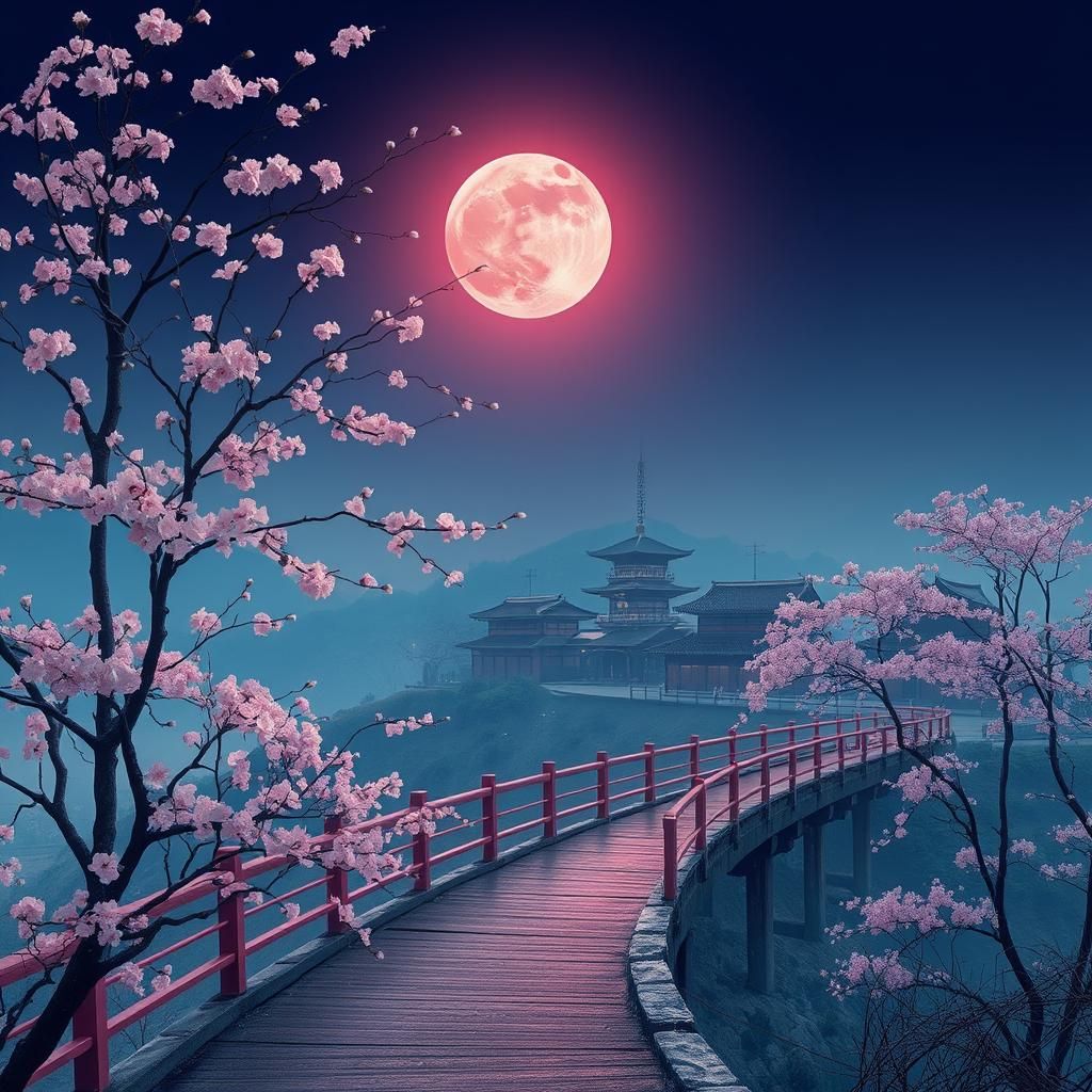 Edo Compound Under Pink Moonlight with Sakura Trees