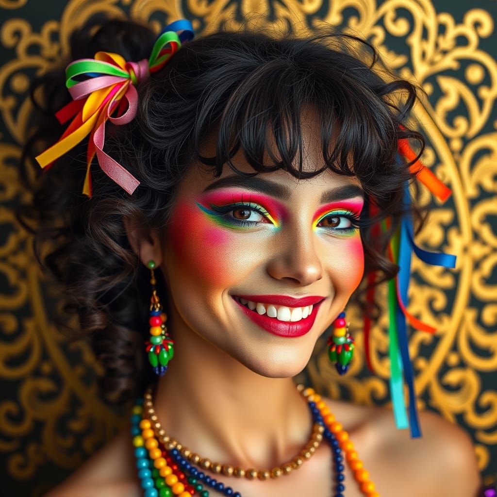 Androgynous Woman with Rainbow Makeup and Gold Filigree