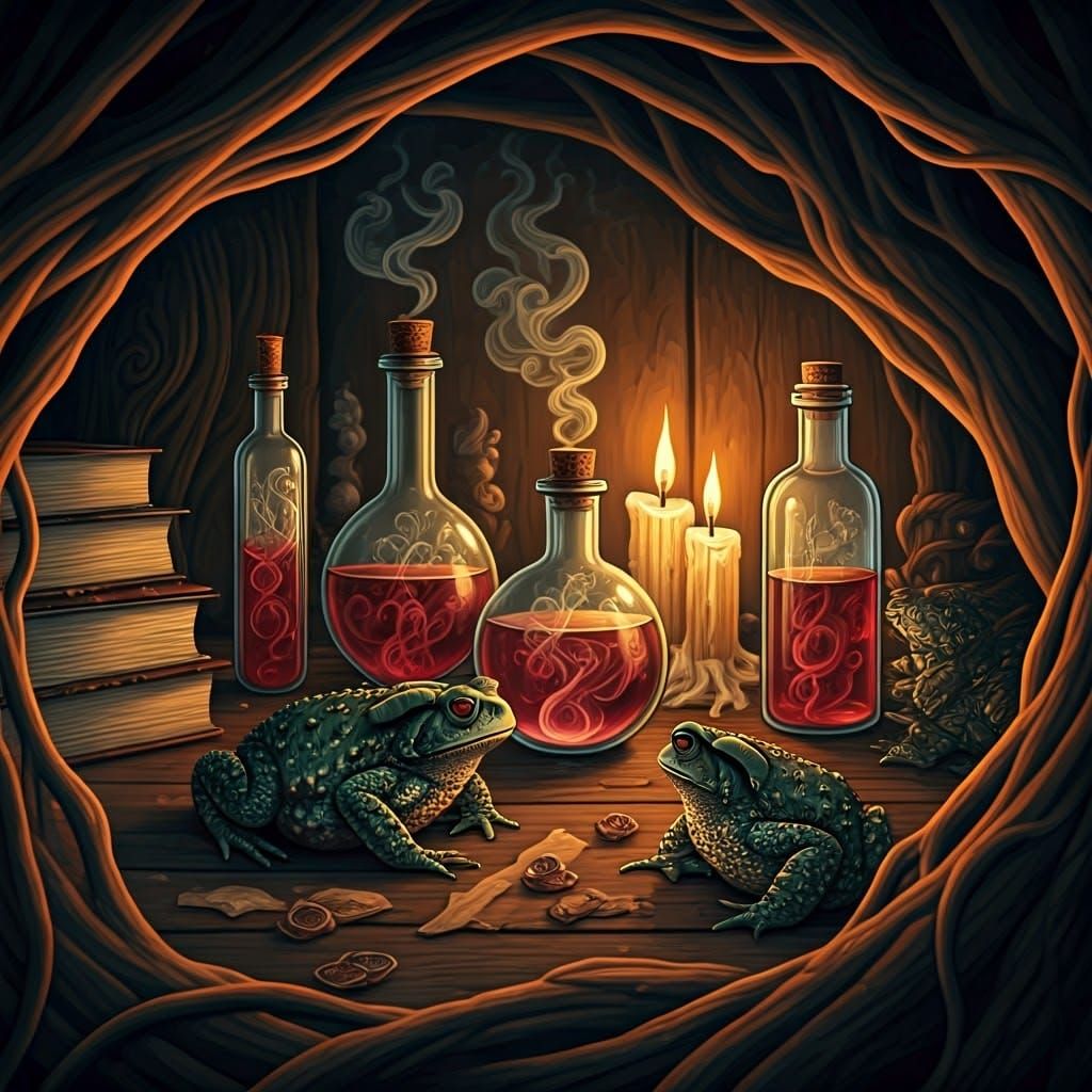 Witch's Lair with Smoked Flasks and Warty Toads in Dark, Atm...