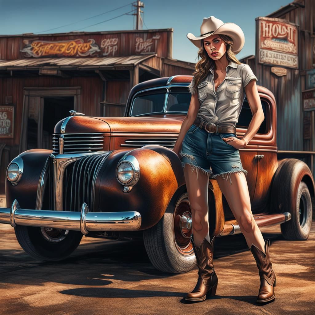 Cowgirl with Hot Rod in Hyperrealistic Splash Art