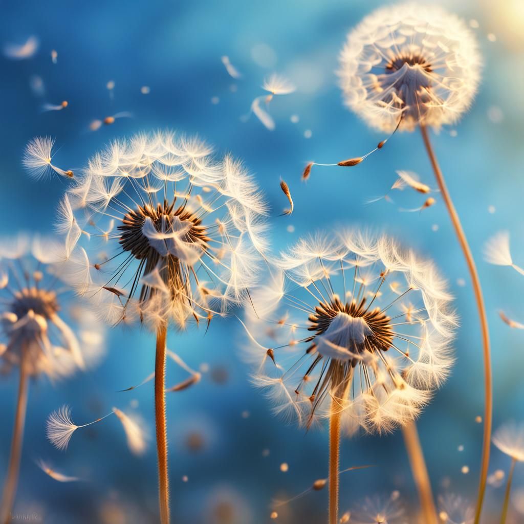 Dandelion Seeds Dancing in Ethereal Light