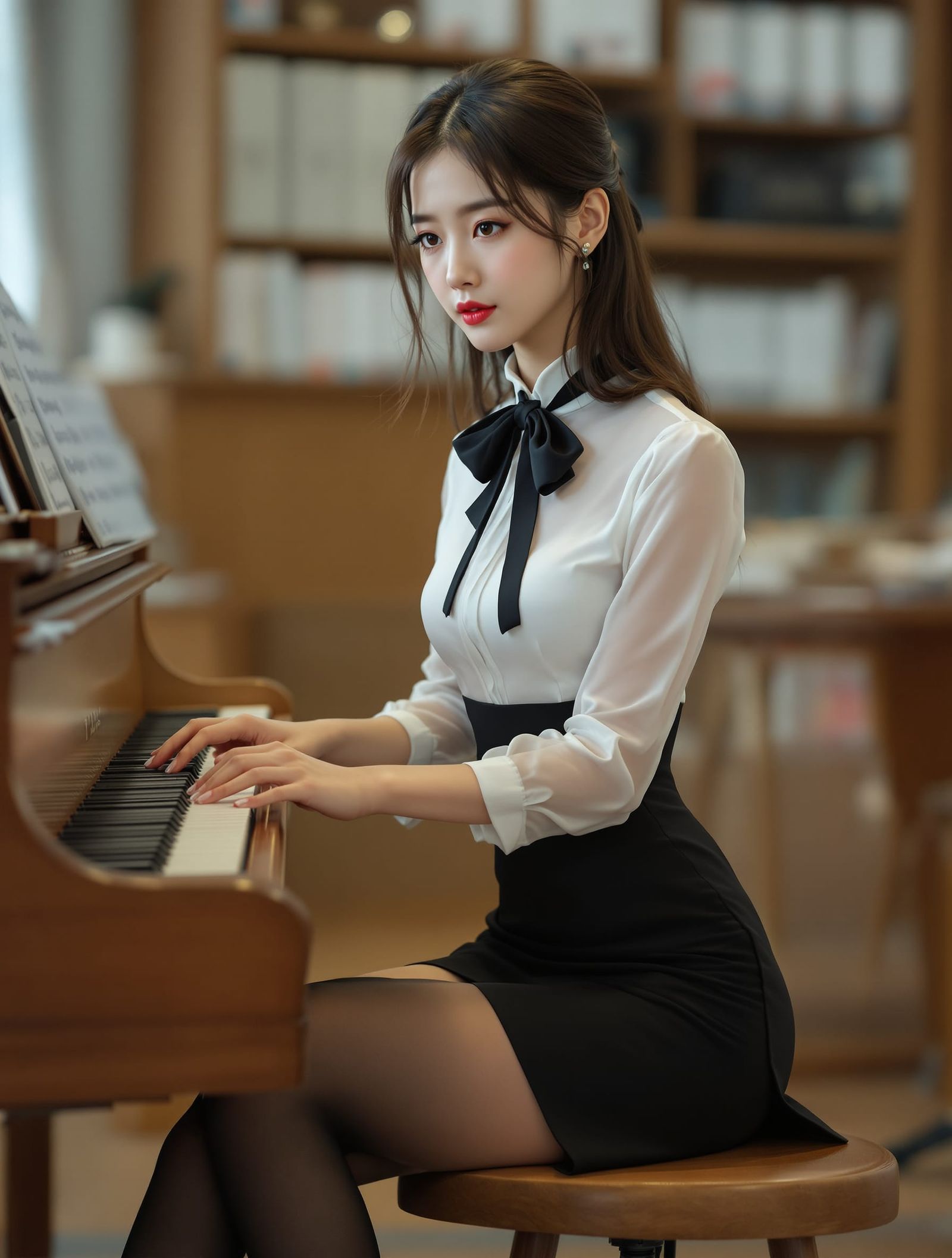 Teacher Plays Grand Piano in Music Room