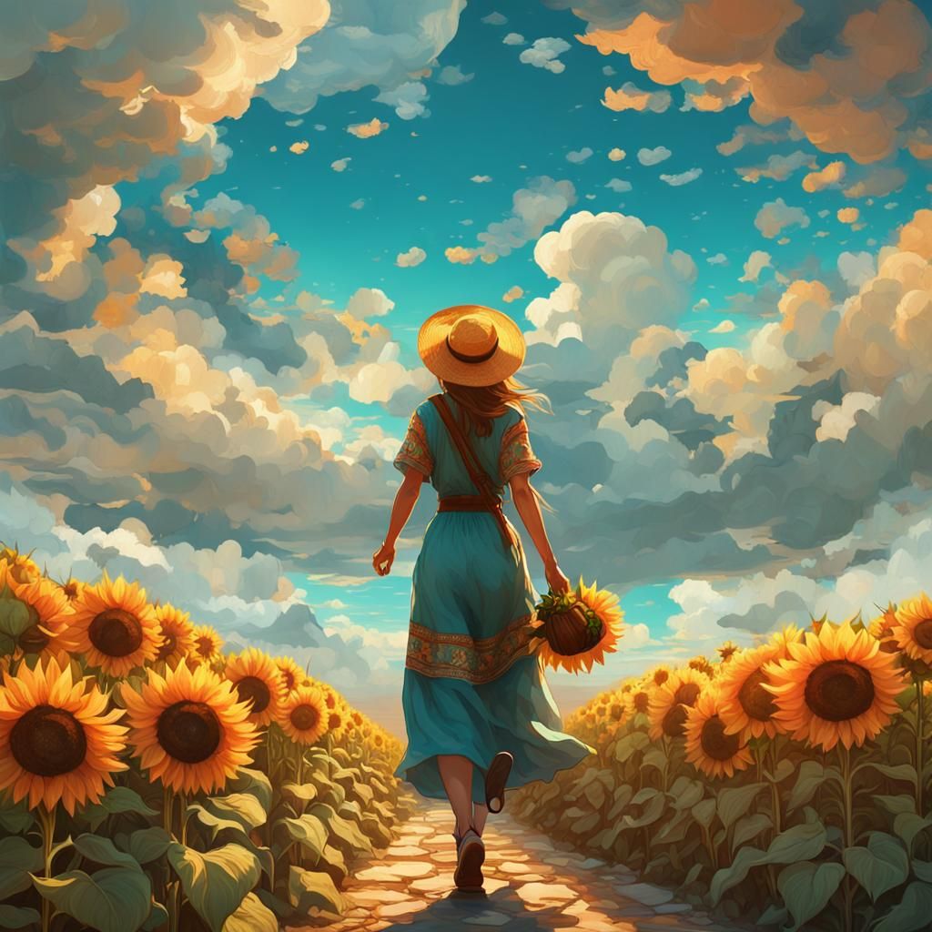 Woman on Sunflower Path: Hyperdetailed Concept Art