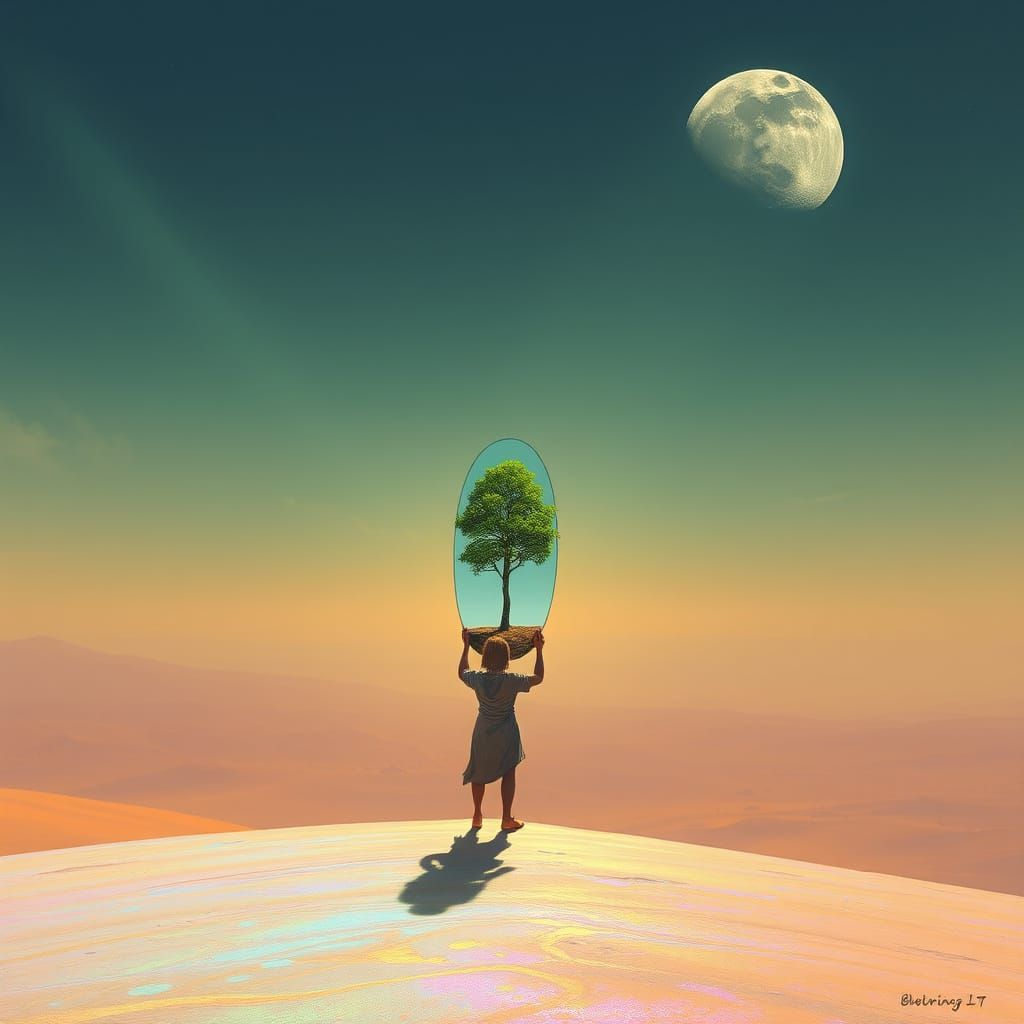 Figure in Crystalline Desert with Two Moons and Shattered Mi...