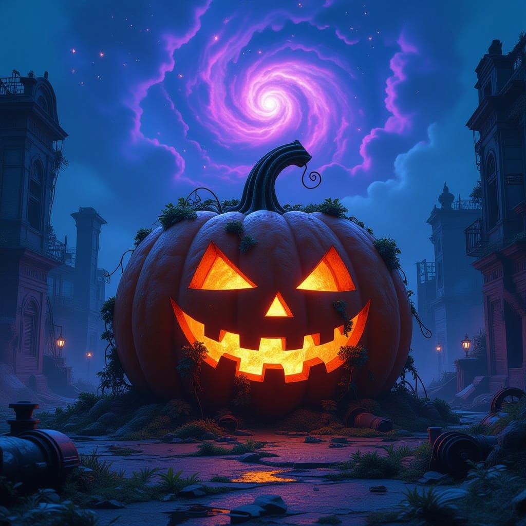 Giant Bioluminescent Pumpkin in Ruined Steampunk City