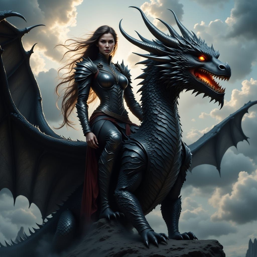 Female Warrior Rides Armored Dragon in Hyperrealistic Fantas...