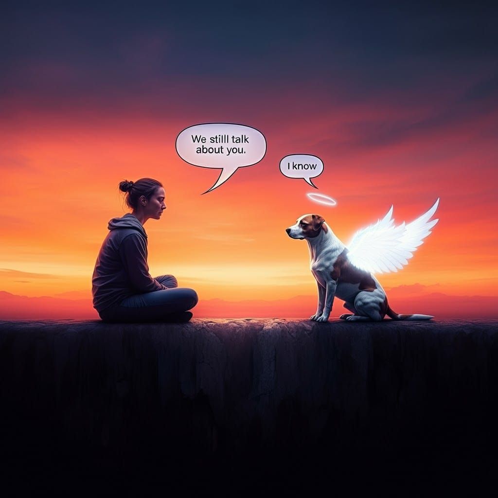 Hyperrealistic Angel Dog Sunset Conversation