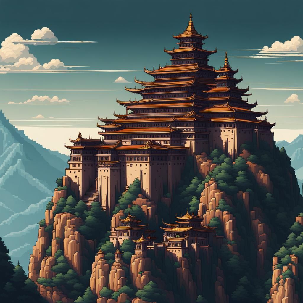Mountain Monastery in Aetherpunk Pixel Art Style