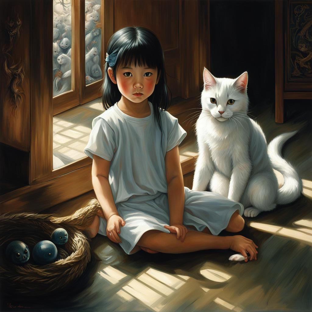 Girl and Dragon: Chiaroscuro Painting with Sunbeams