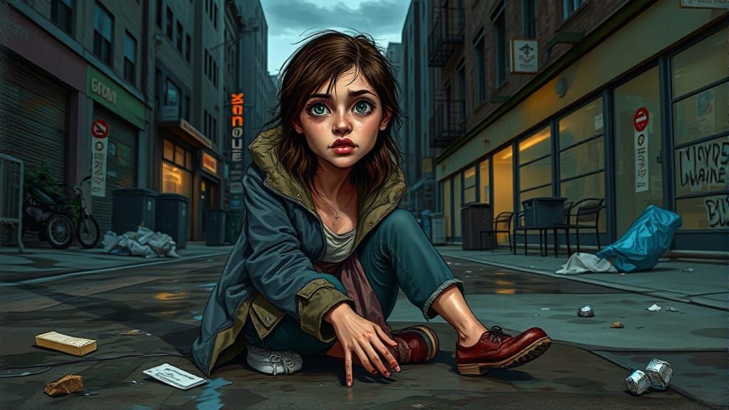 Homeless Woman in Hyper-Realistic Urban Streetscape