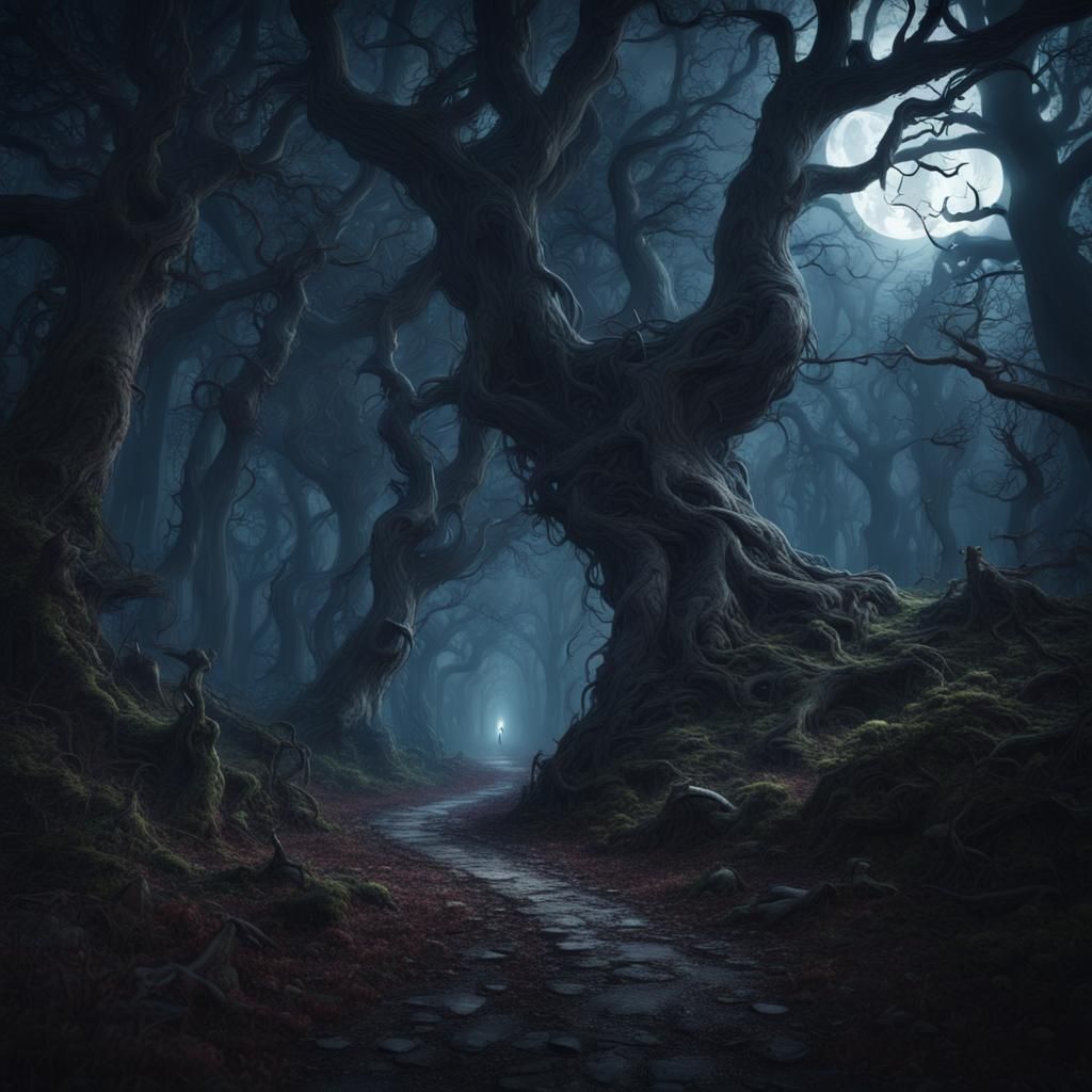 Creepy Forest Path with Hidden Monster in Moonlight