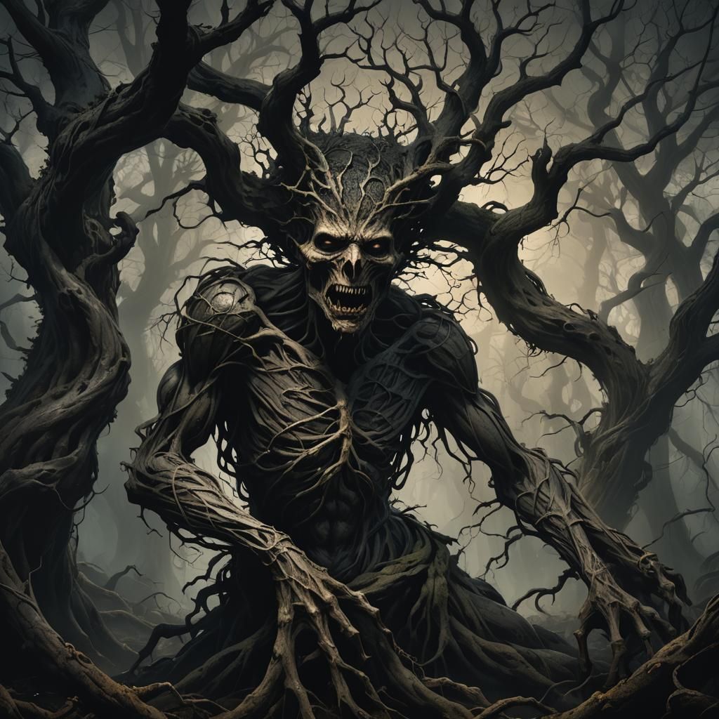 Tormented Figure in Mystical Forest: Dark Fantasy Art