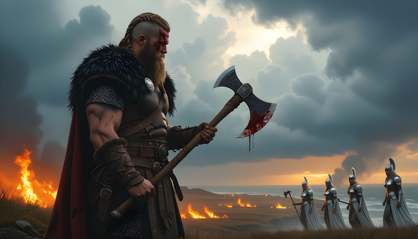 Viking Warrior with Valkyries in Nordic Fantasy Art