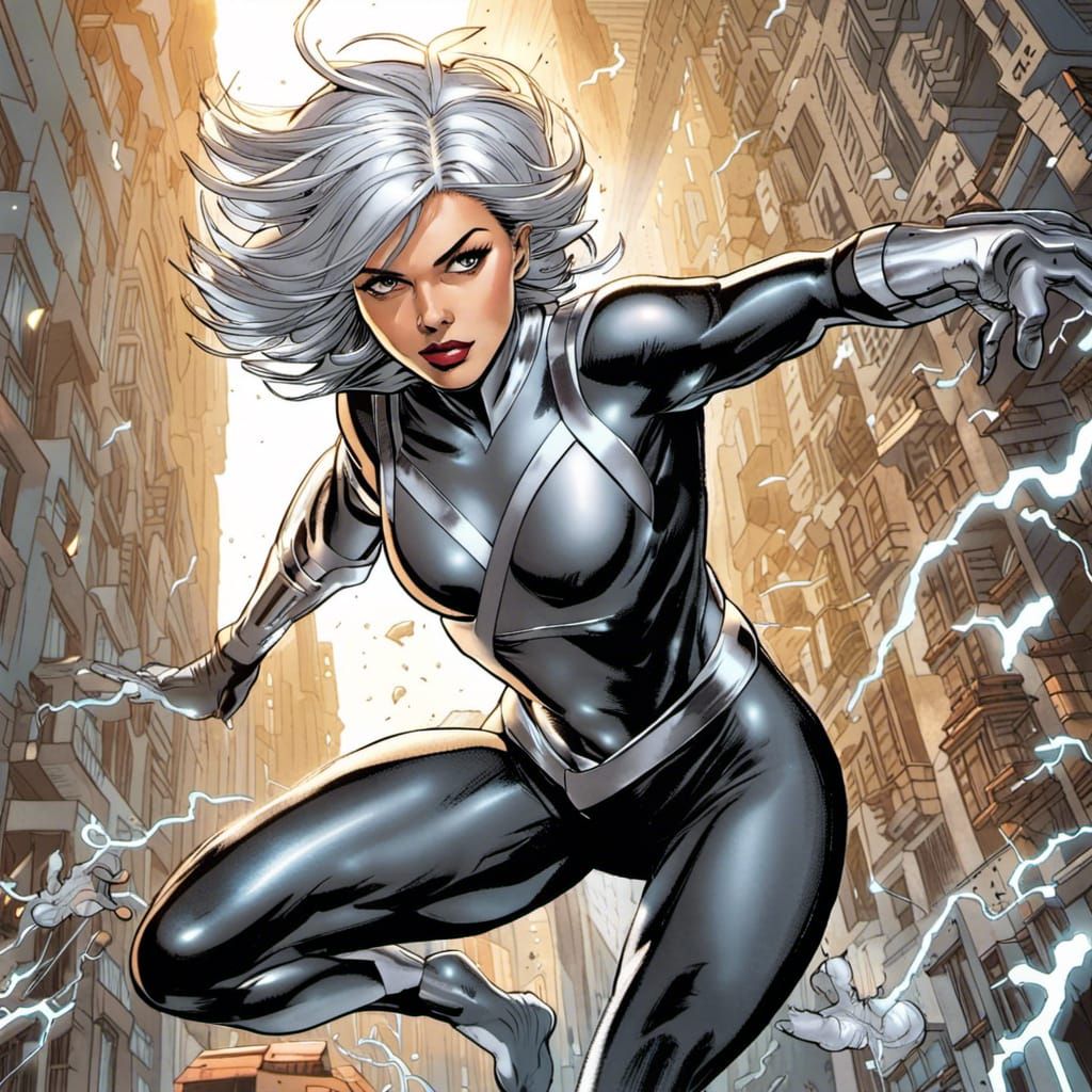 Silver-Haired Superheroine Soaring Through City, Comic Book ...
