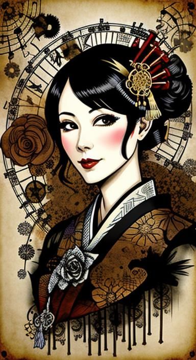 Steampunk Geisha Flapper Skeleton Portrait in Batik Style