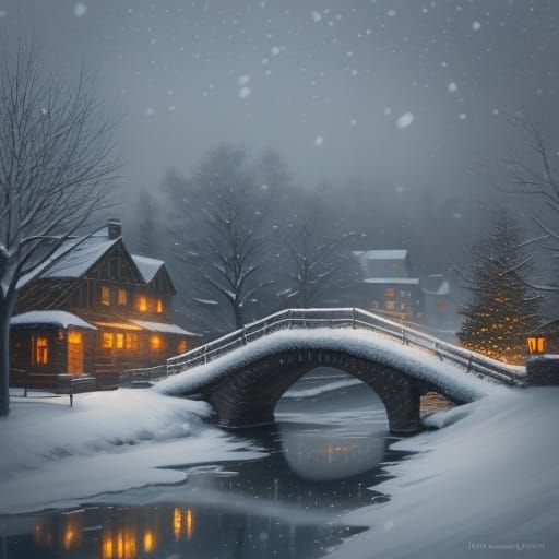 Magical Winter Village in Cinematic Oil Painting Style