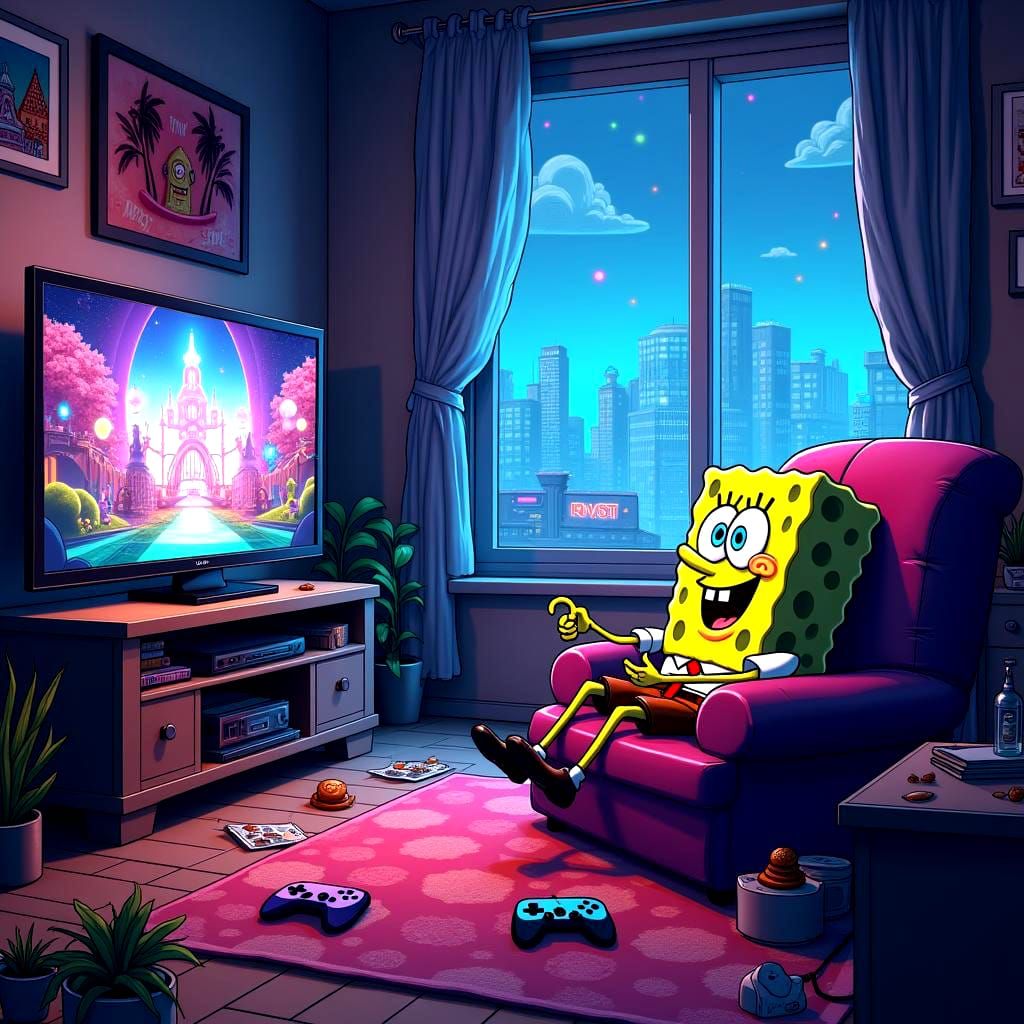 SpongeBob Immersed in Video Games: Detailed Matte Painting