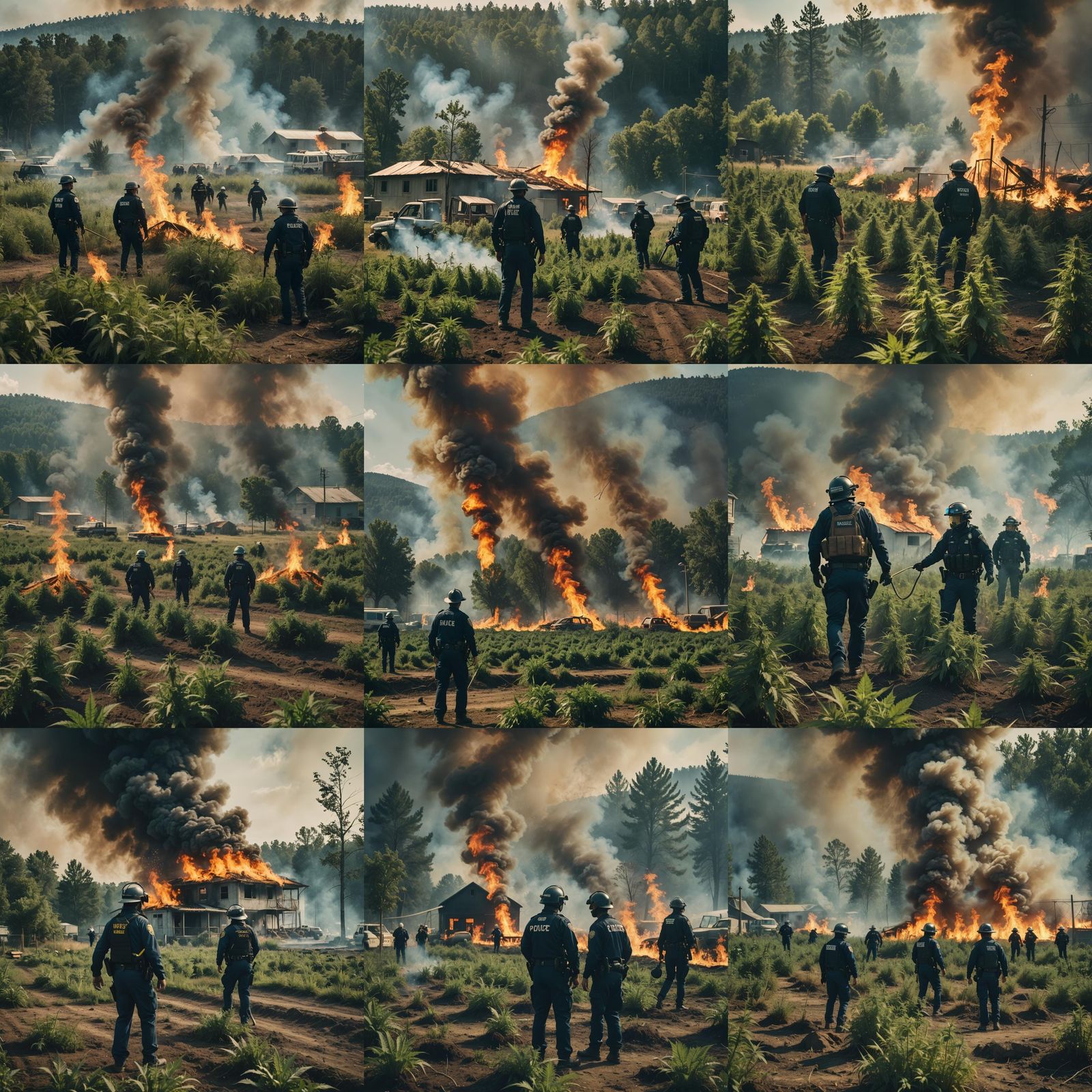Burning Weed Farm During Police Raid: Cinematic Still
