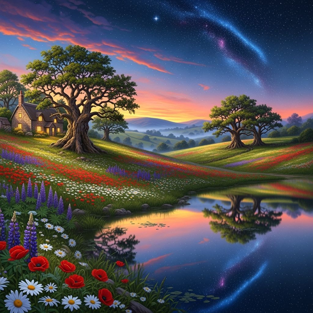 Hyperrealistic Twilight Countryside Landscape with Cottage