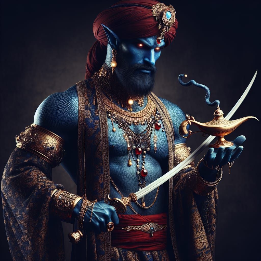 Medieval Djinni with Scimitar and Genie Lamp