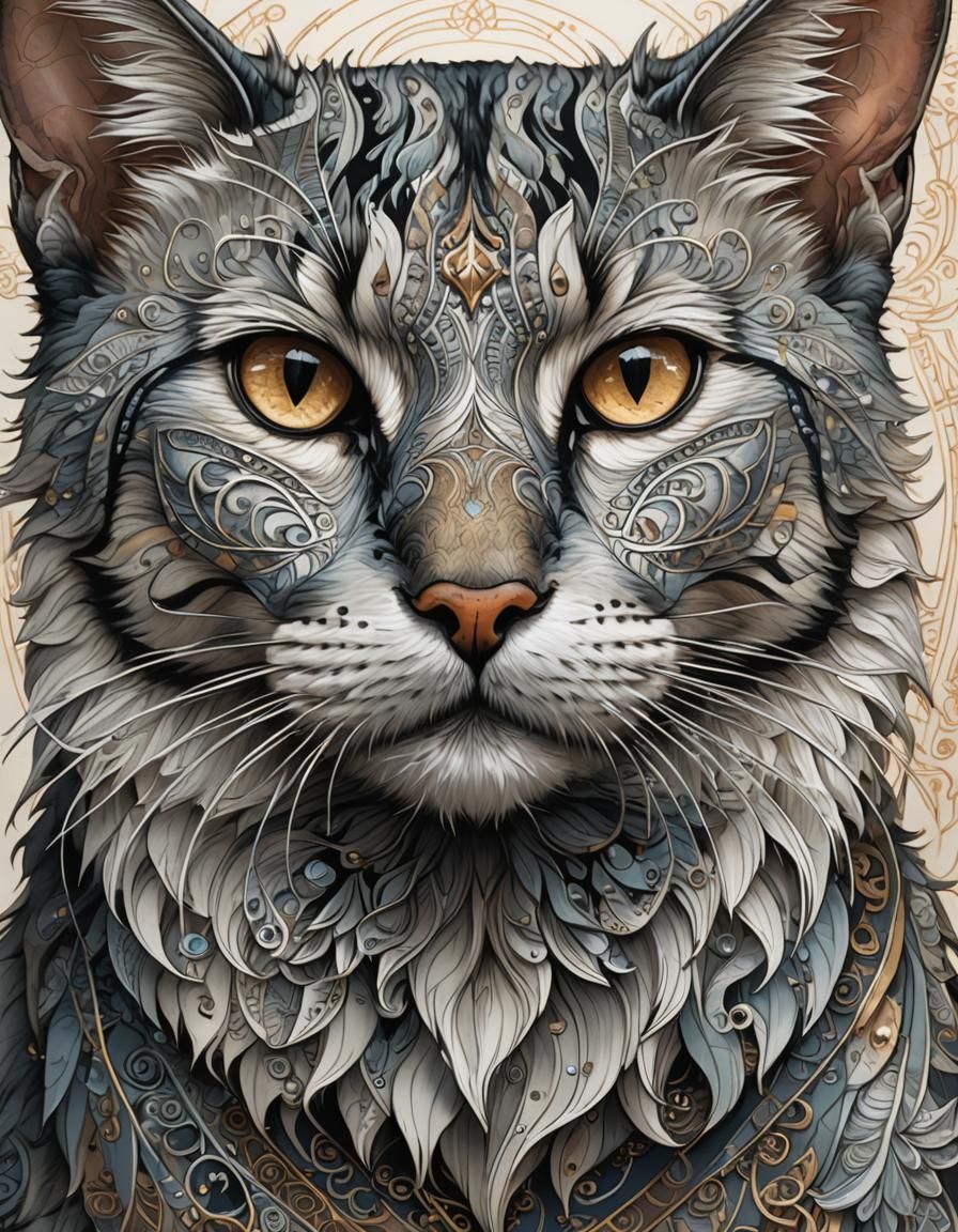 Intricate Portrait of a Feline in Shimmering Aura