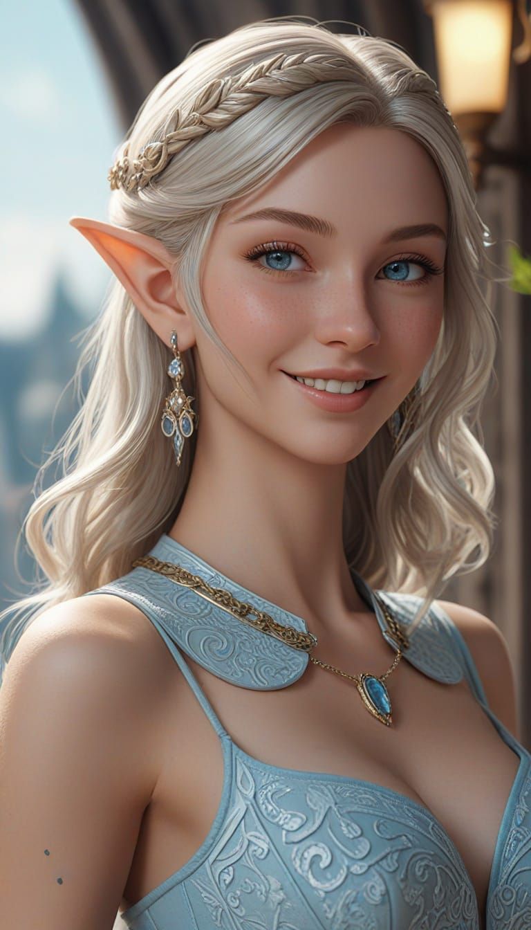 Smiling Elf Woman in Detailed Bodycon Dress