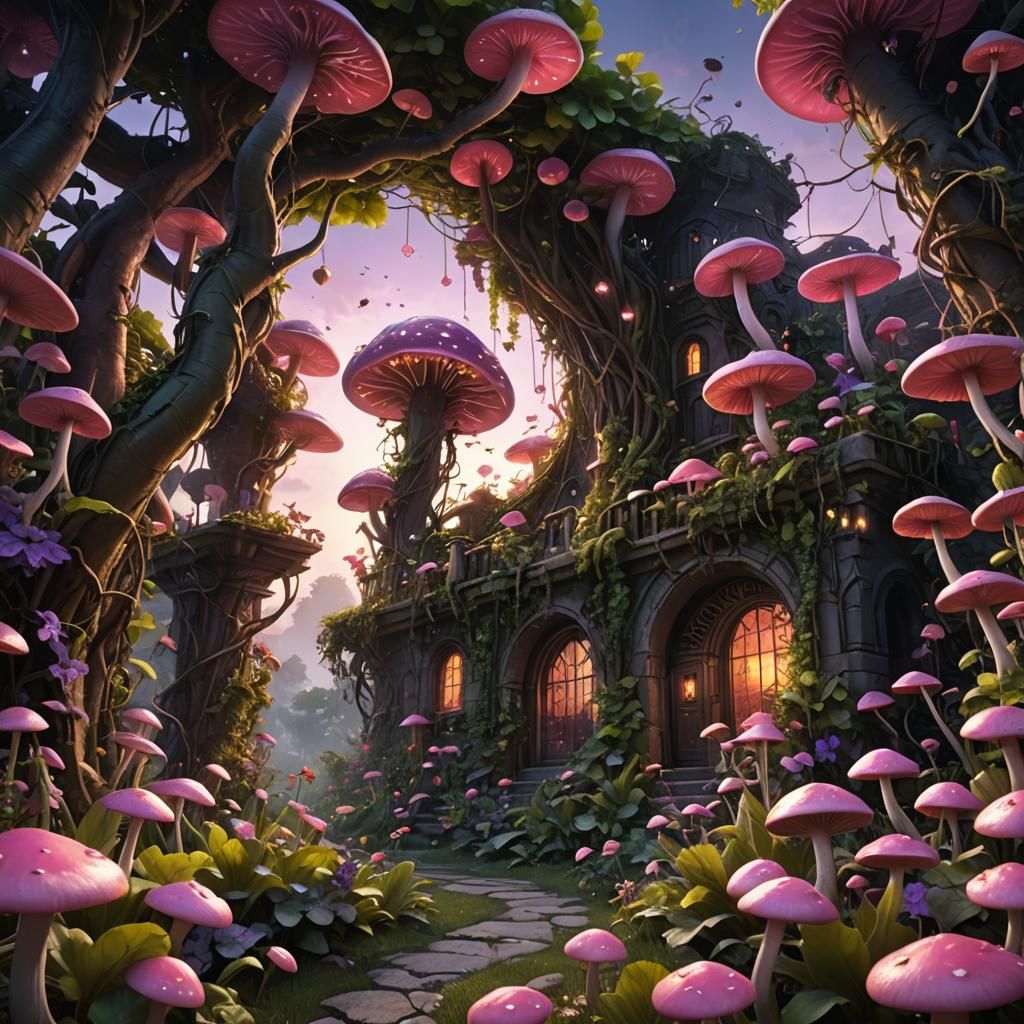 Lush Garden with Pink Flora in Dark Fantasy Style