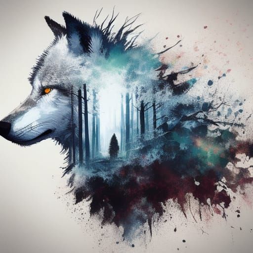 Watercolor Wolf Double Exposure in Magical Forest