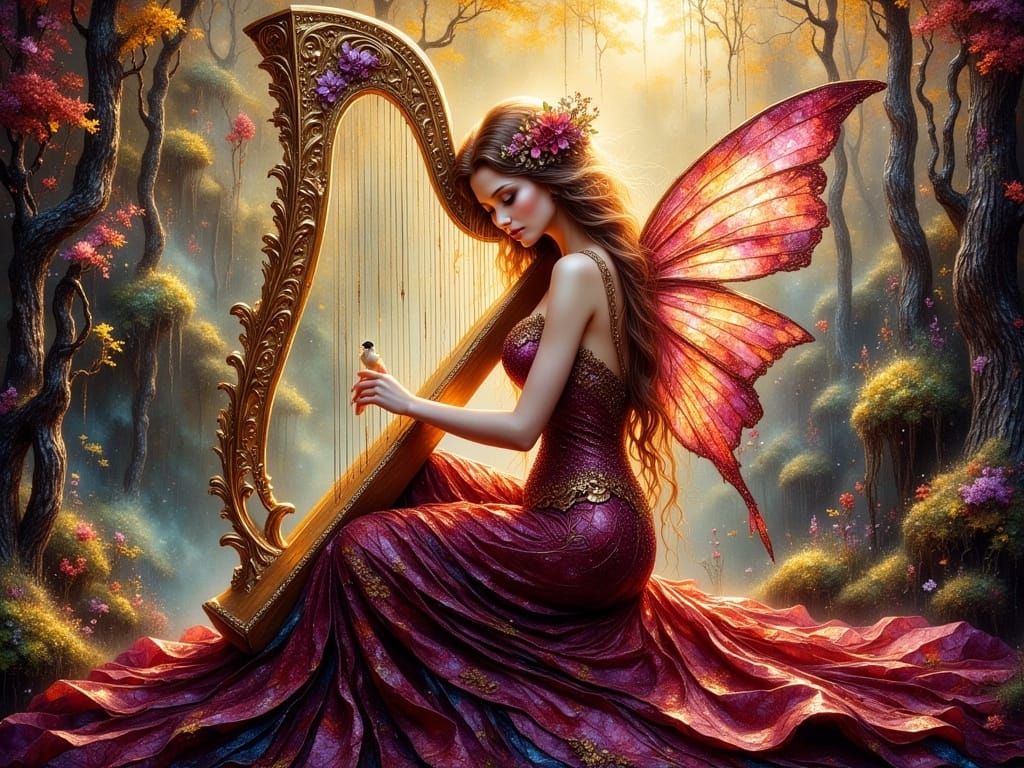 Fairy Plays Harp in Woodland, Impasto Oil Painting