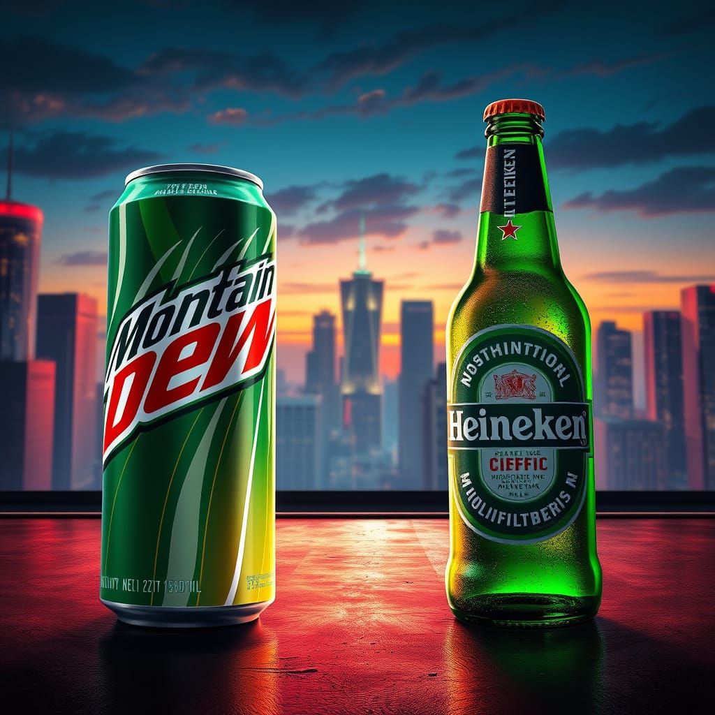 Futuristic Duel: Neon Mountain Dew vs Copper Heineken