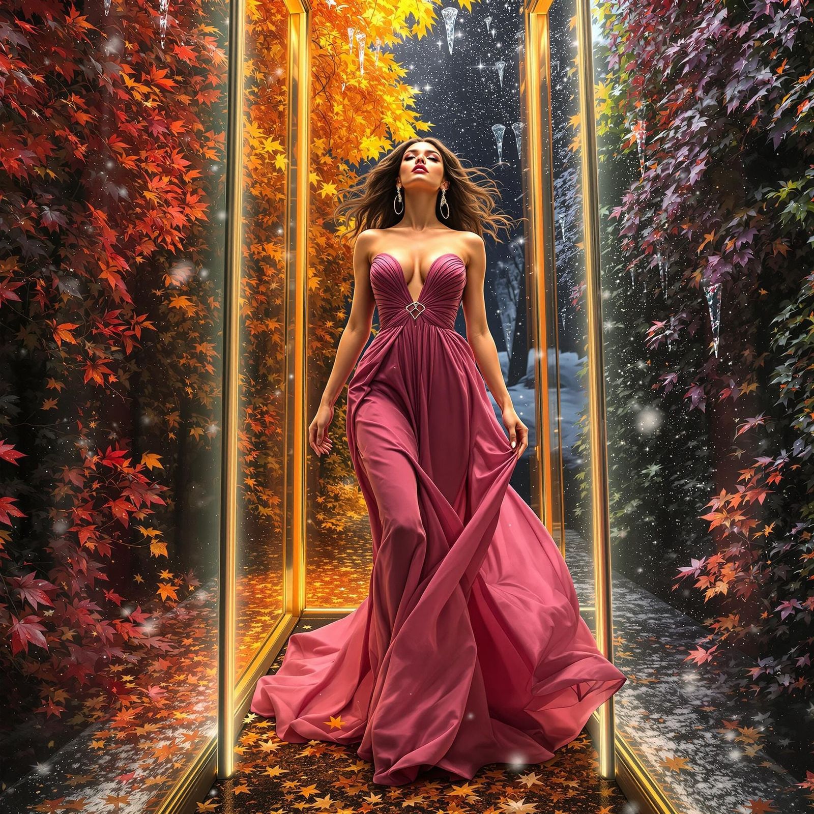 Woman Ascending Through Seasons in Hyperrealism