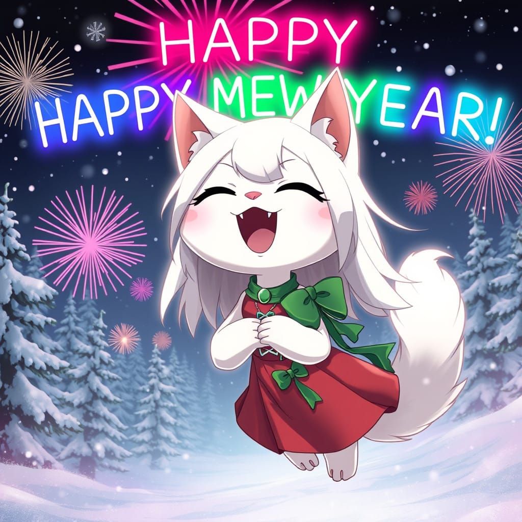 Neon Synthwave Anime Catgirl Celebrates Happy New Year