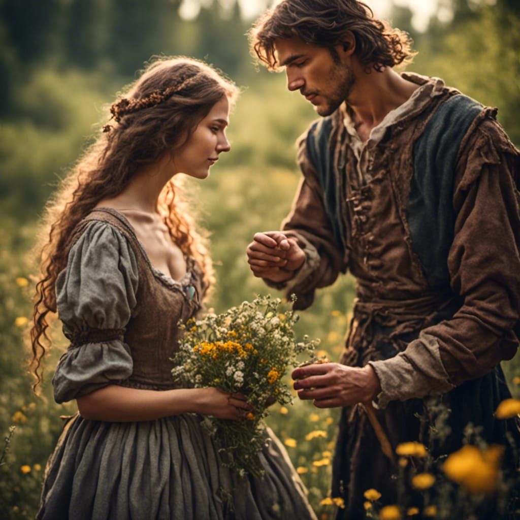 <lora:Dark Age:1.0> a young man giving picked wild flowers to a young woman Hyperrealistic, splash art, concept art, mi...